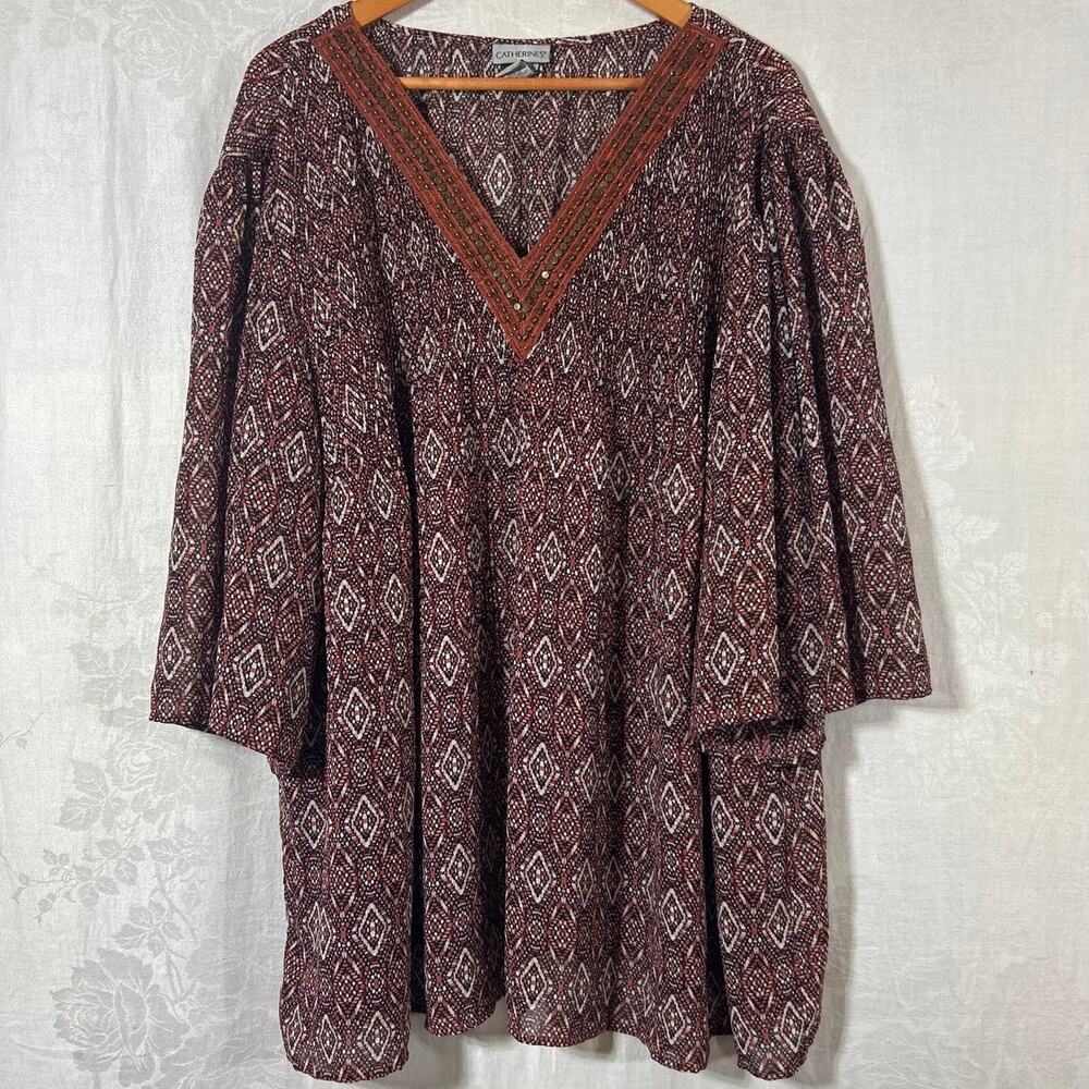 Catherines Top 2X Rust Orange Gauze Geometric Print Studded Detail